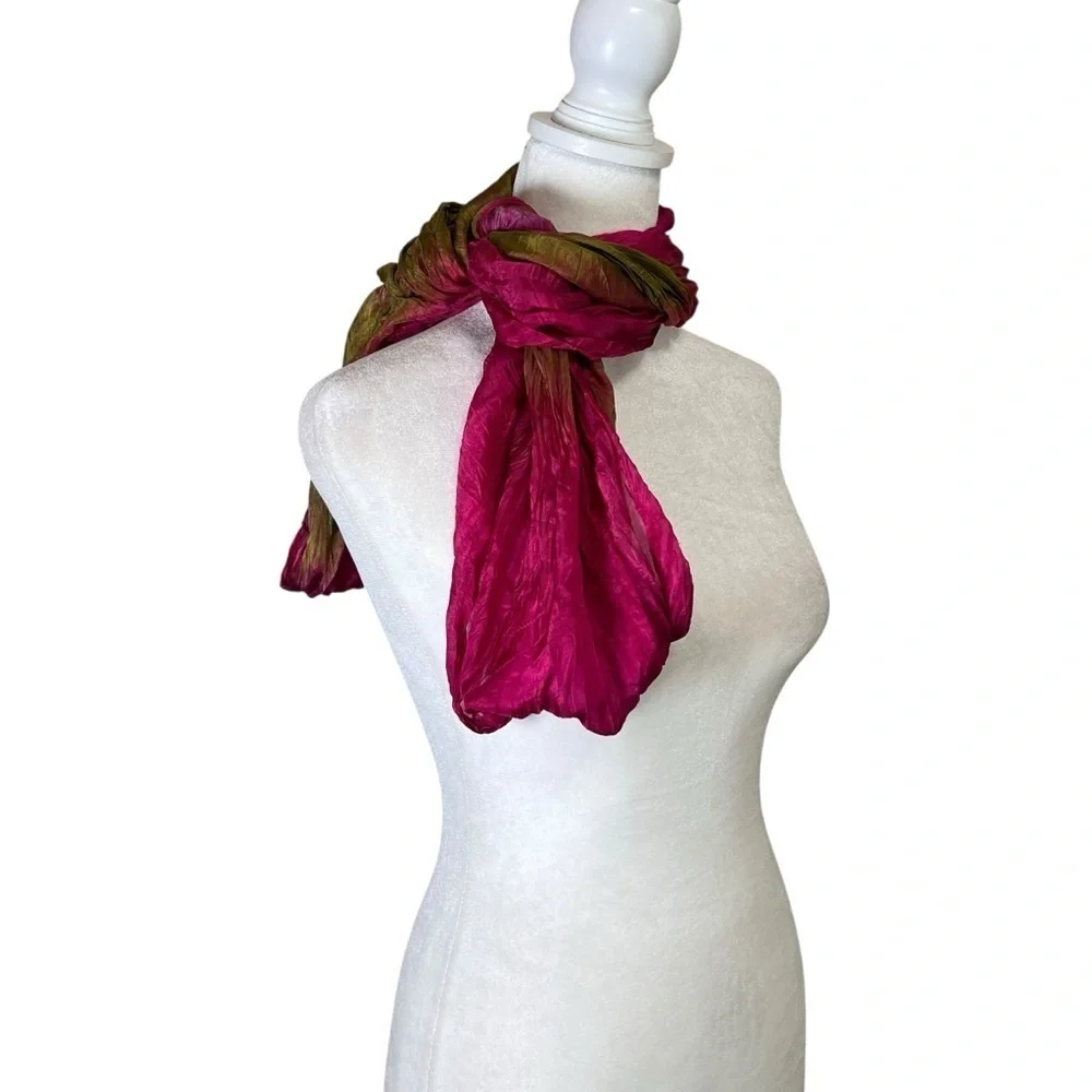 VTG Infinity Scarf Shawl Cowl Wrap Fuchsia Olive Green Silky Boho Colorful Chic